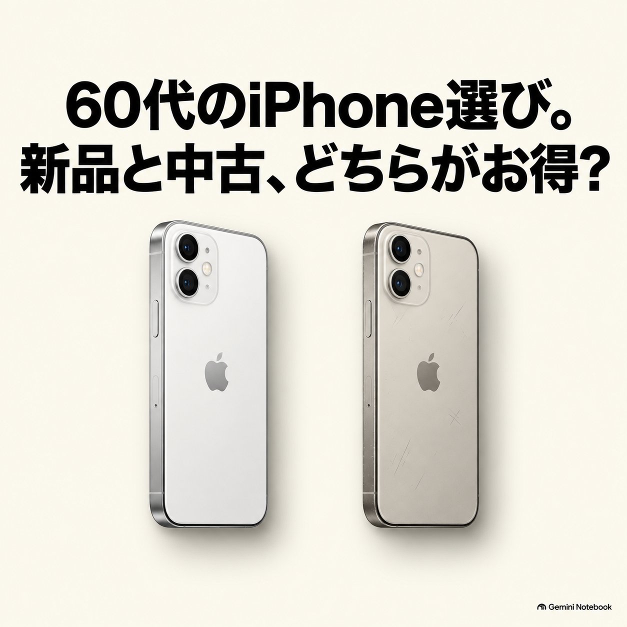 白い新品iPhoneと傷のある中古iPhoneを並べ、60代のiPhone選びで新品と中古のどちらがお得かを問いかける比較画像。