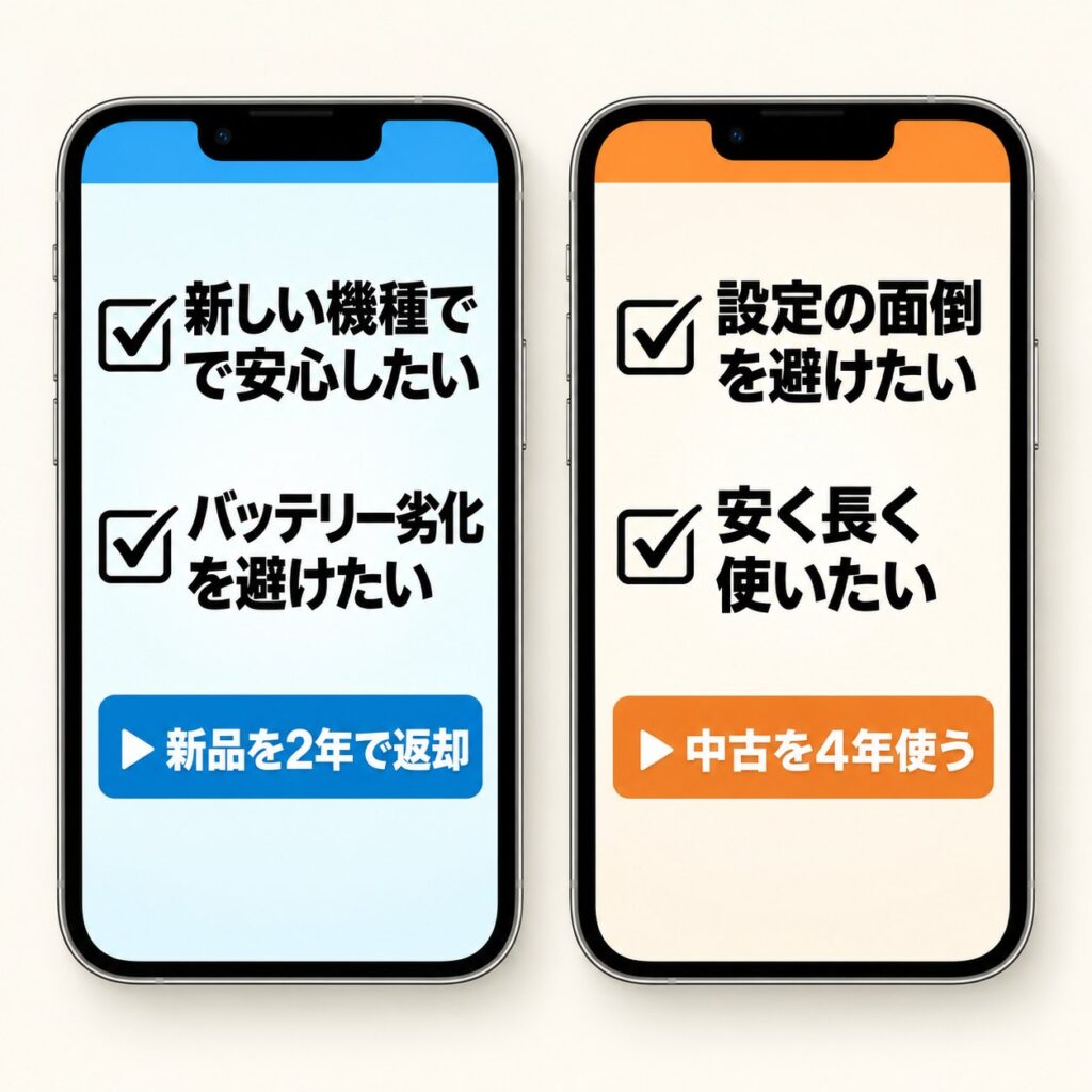 2台のiPhoneに新品返却向けと中古長期利用向けの条件をチェック項目で示し、向いている人の違いを比較する画像。