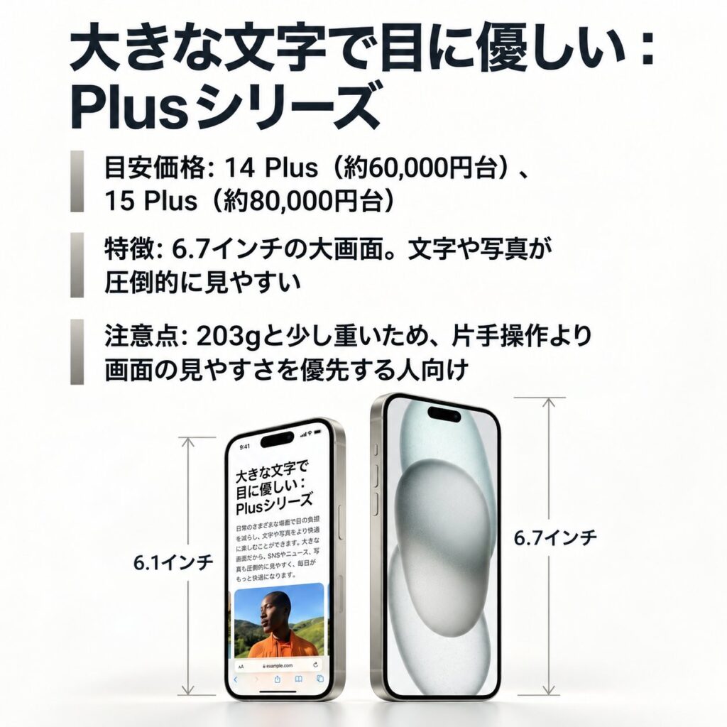 iPhoneの6.1インチと6.7インチを並べ、iPhone 14 Plusと15 Plusの価格帯や大画面の見やすさを比較した画像。