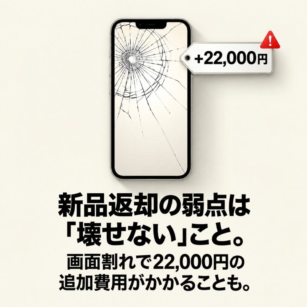 画面が大きく割れたiPhoneと22,000円の追加費用表示で、返却プログラムの故障費用リスクを示した画像。