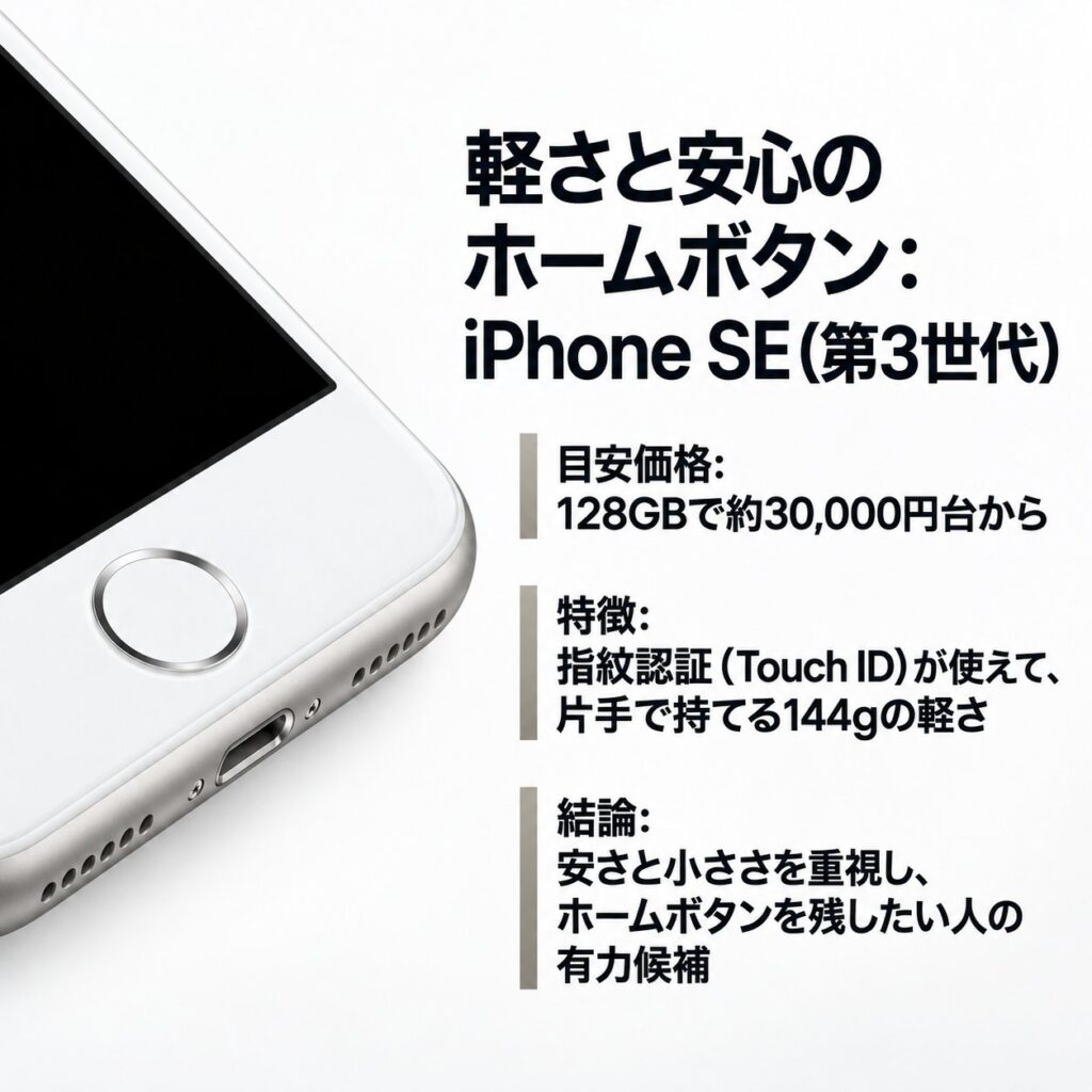 iPhone SE第3世代のホームボタンを大きく見せ、128GBの目安価格、Touch ID、144gの軽さを説明した画像。