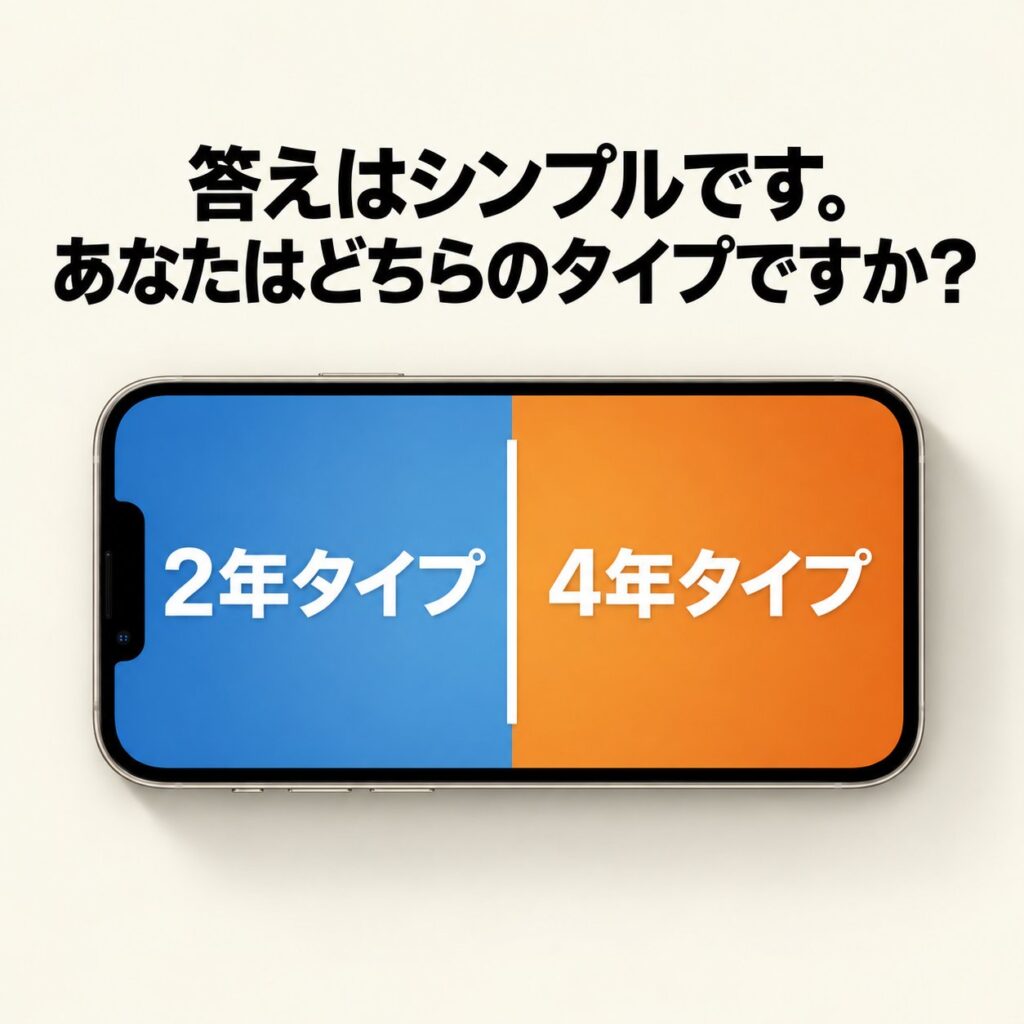 横向きのiPhone画面を2年タイプと4年タイプに二分し、利用年数で新品返却か中古長期利用かを選ぶ考え方を示す画像。