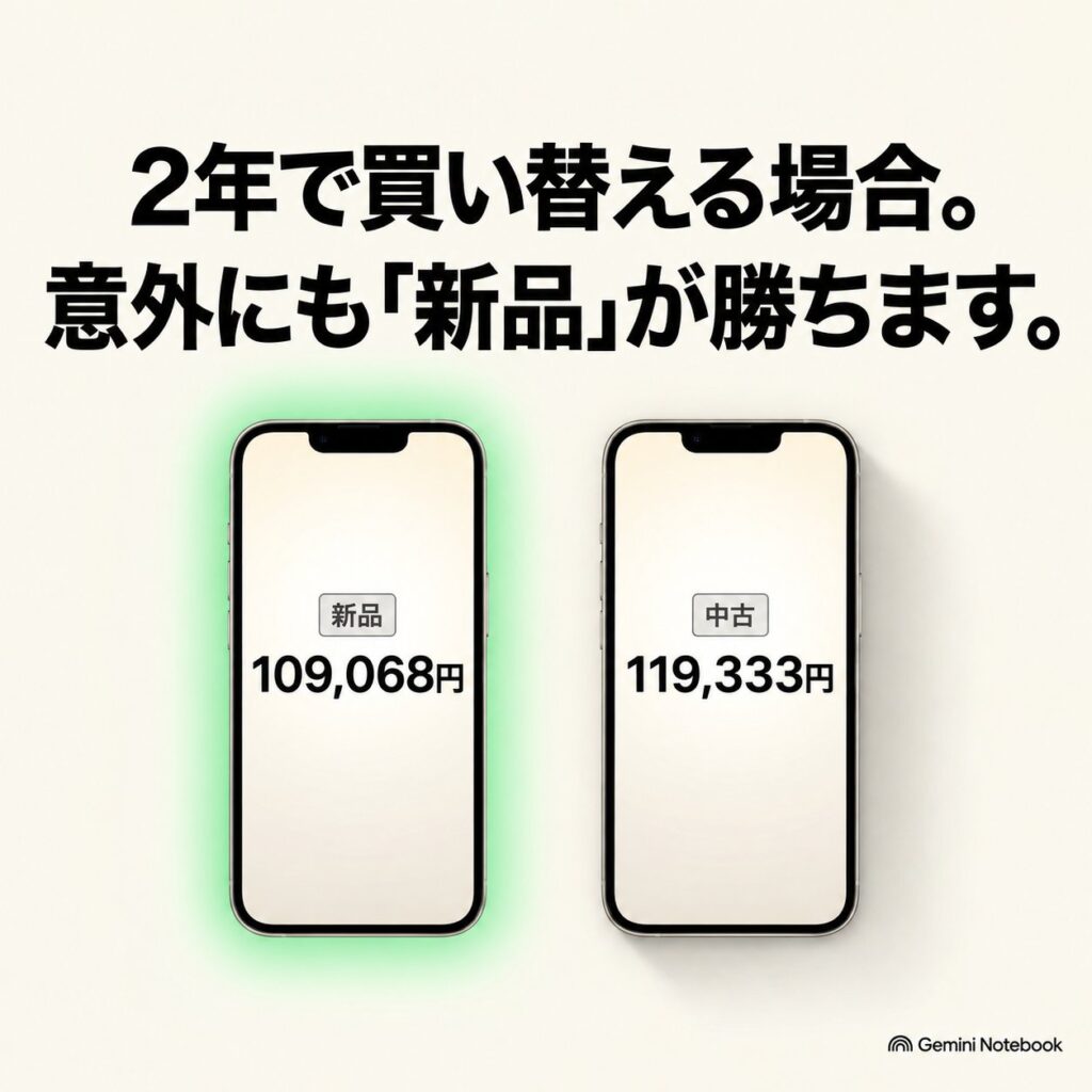 2年間の総額として新品109,068円と中古119,333円を2台のiPhoneで比較し、新品側を強調した画像。