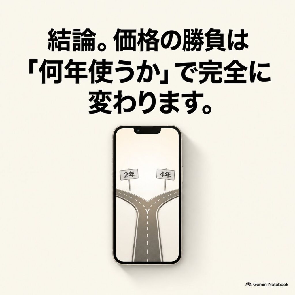 iPhone画面内の分岐路に2年と4年の標識を置き、価格差は新品か中古かより使用年数で変わることを示す画像。