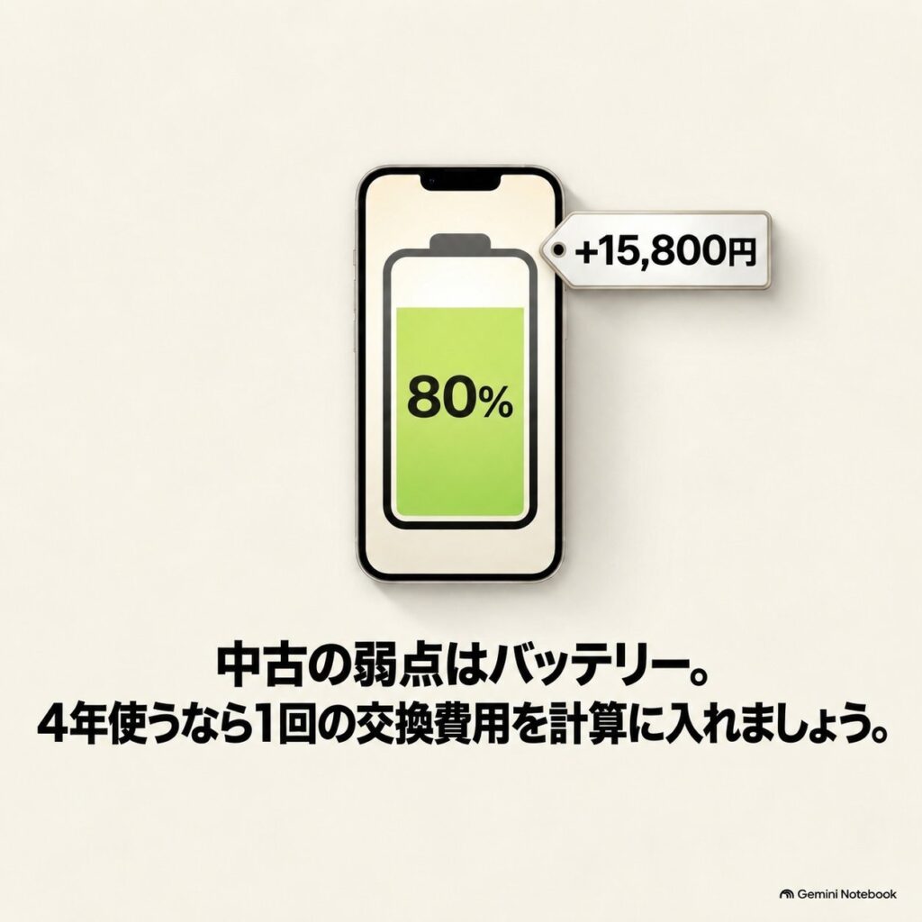 iPhoneのバッテリー残量80％と15,800円の値札を示し、中古を4年使う場合のバッテリー交換費用を表した画像。