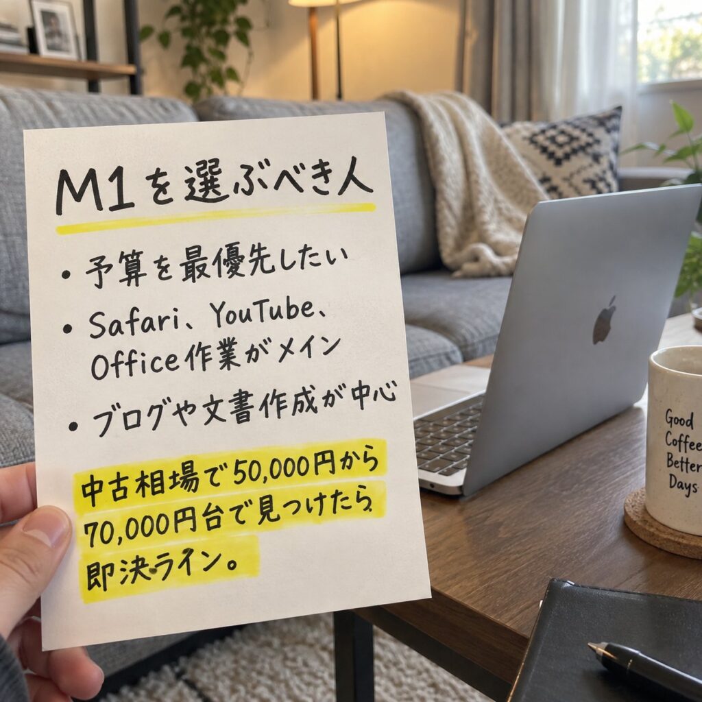 リビングのMacBook Air横で、予算優先やSafari・YouTube・Office中心の人にM1を勧める条件を書いたメモを手に持つ画像