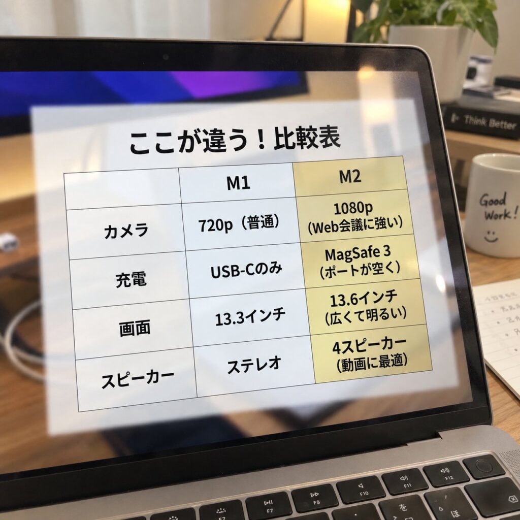 MacBookの画面に、M1とM2のカメラ、充電方式、画面サイズ、スピーカーの違いを並べた比較表を表示した画像