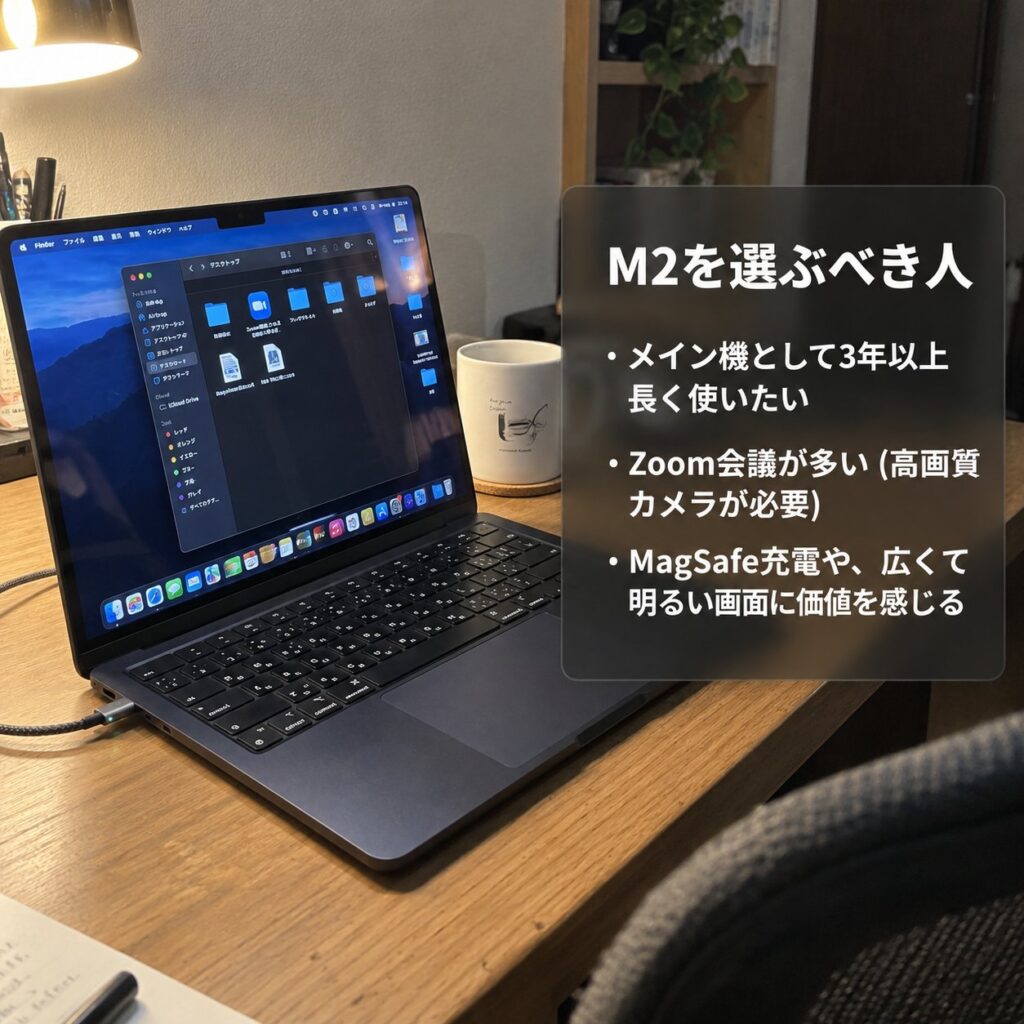 木製デスクのM2 MacBook Airと、3年以上の利用、Zoom会議、MagSafeや明るい画面を重視する人向けの条件を示した画像
