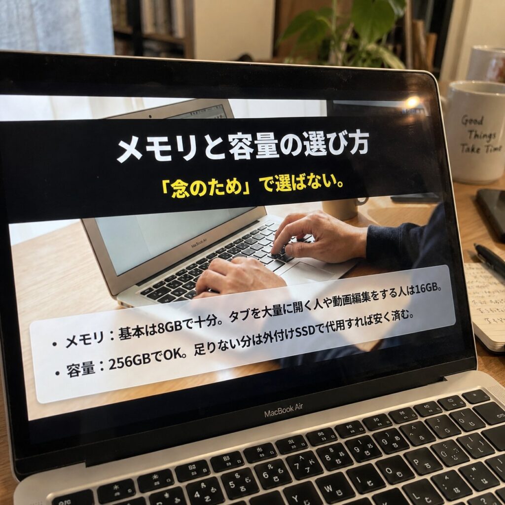 MacBook Airの画面に、メモリは基本8GB、重い作業は16GB、容量は256GBと外付けSSD活用という選び方を表示した画像