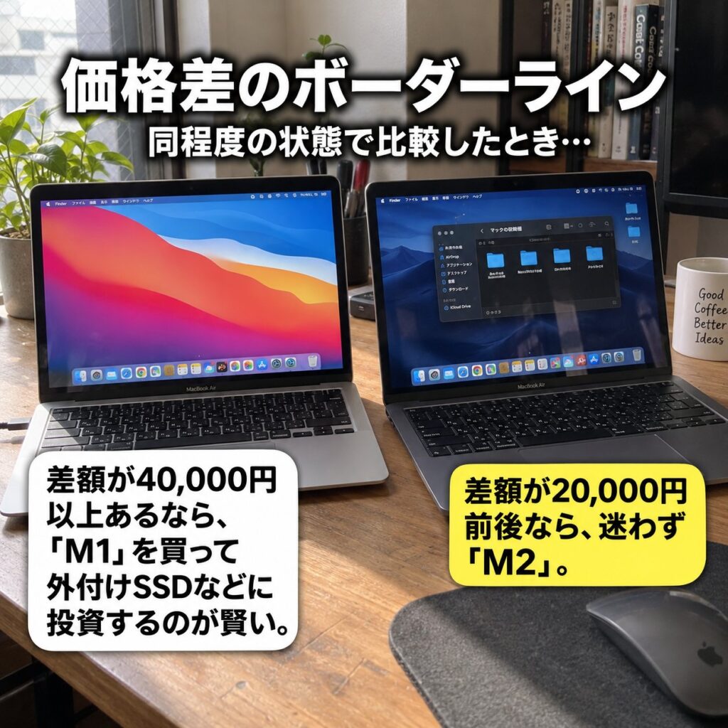 2台のMacBook Airを並べ、M1とM2の価格差が4万円以上ならM1、2万円前後ならM2という判断目安を示した画像