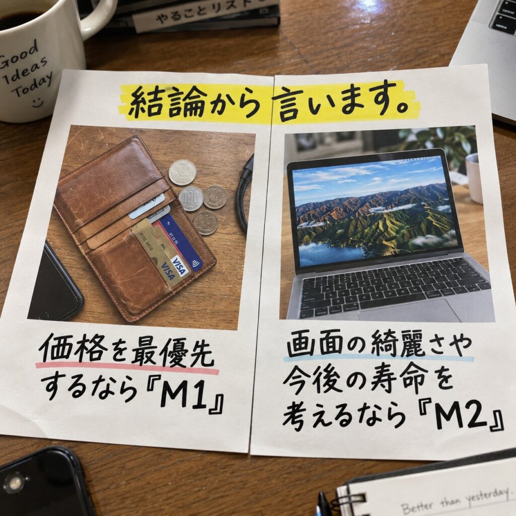 机上の比較シートで、価格優先ならM1、画面の綺麗さや今後の使用年数を重視するならM2という結論を示した画像