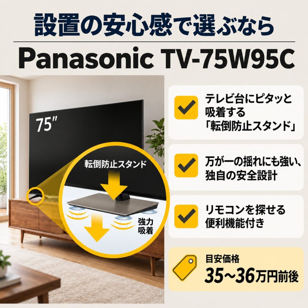 Panasonic TV-75W95Cの転倒防止スタンド、リモコン探索、安全設計、35〜36万円前後の価格目安を図解。