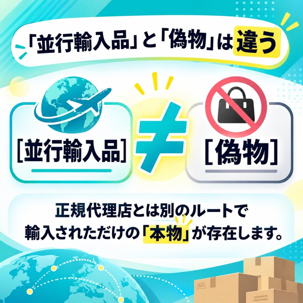 「並行輸入品」と「偽物」は違うと示し、正規代理店とは別ルートで輸入された本物が存在することを図解した画像。