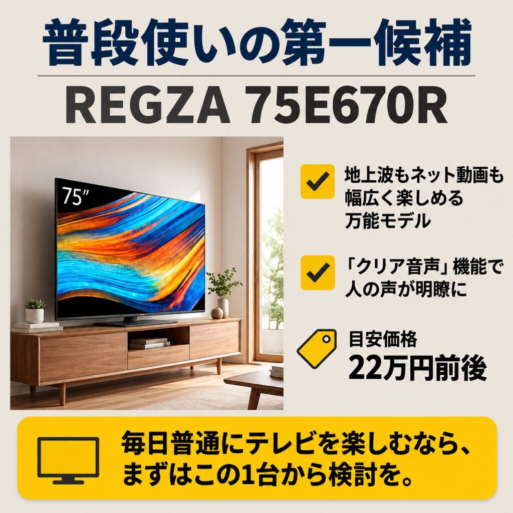 REGZA 75E670Rをリビングに設置し、クリア音声、普段使いのバランス、22万円前後の価格目安を示した図。