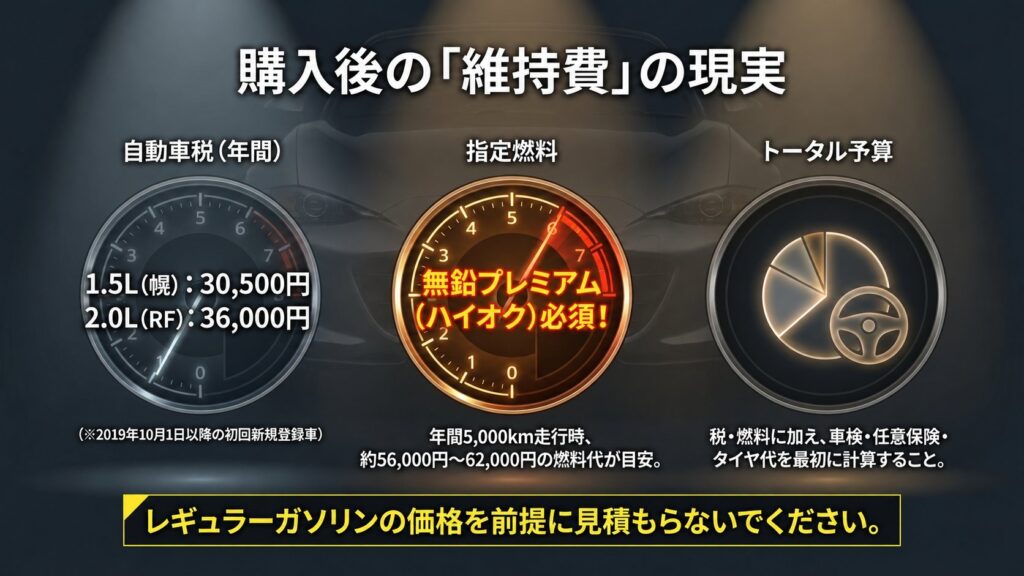 自動車税、指定燃料、総予算を3つの円形ゲージで示し、幌車とRFの年間税額、ハイオク指定、年間燃料費の参考額を表示した図解。