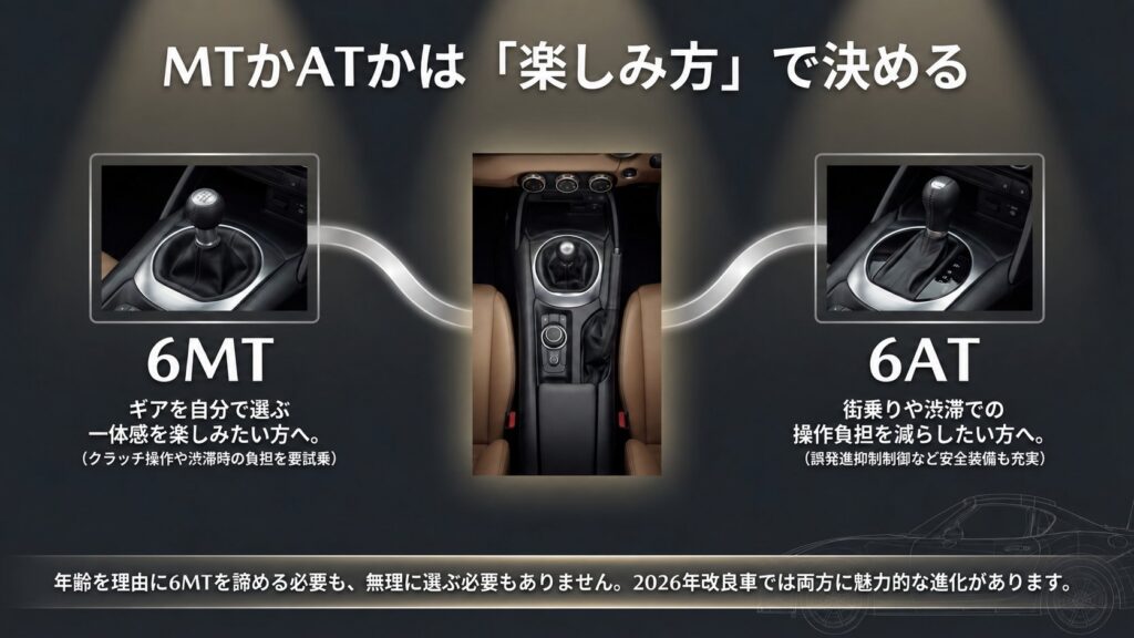 6MTの丸いシフトノブと6ATのセレクターを左右に置き、ギア操作を楽しむ選択と市街地や渋滞での操作負担の違いを示した比較図。