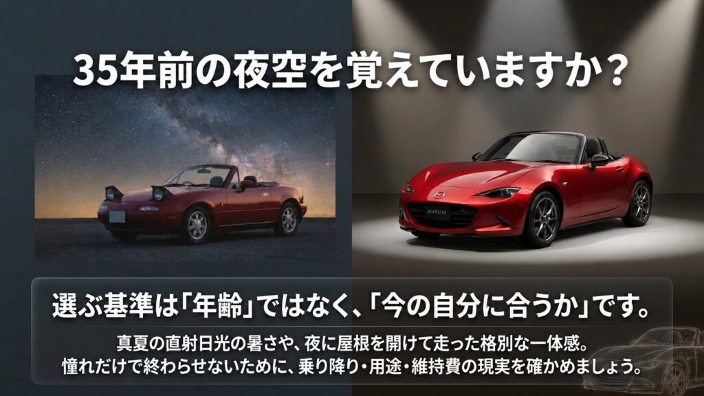 星空の下に置かれたリトラクタブルライト付きの赤いNA型と、室内に置かれた赤いND型を左右に並べ、35年前の記憶と現在の購入基準を示した比較画像。