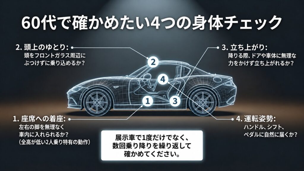 ロードスターの側面透視図に、座席への着座、頭上のゆとり、降車時の立ち上がり、運転姿勢の4項目を番号と引き出し線で示した図解。