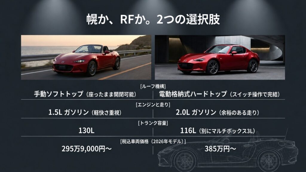 赤いロードスターの幌車とRFの画像を左右に配置し、ルーフ方式、排気量、荷室容量、2026年モデルの税込車両価格を対比した比較図。