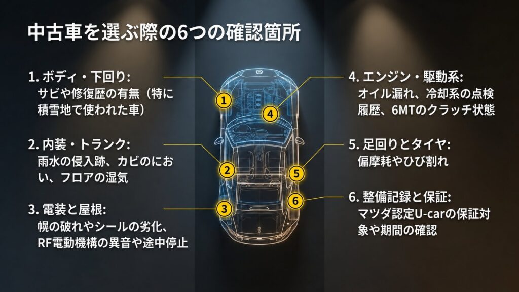 ロードスターの上面透視図の左右に、ボディ・下回り、内装、屋根、エンジン、足回り、整備記録と保証の6項目を番号付きで示した中古車確認図。