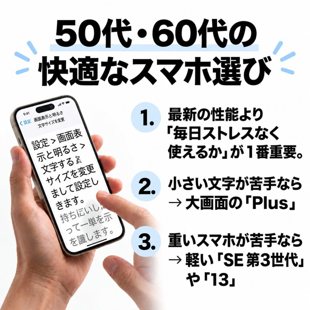 50代・60代の中古iPhone選びで、文字の見やすさ、端末の軽さ、毎日ストレスなく使えることを重視する解説画像。