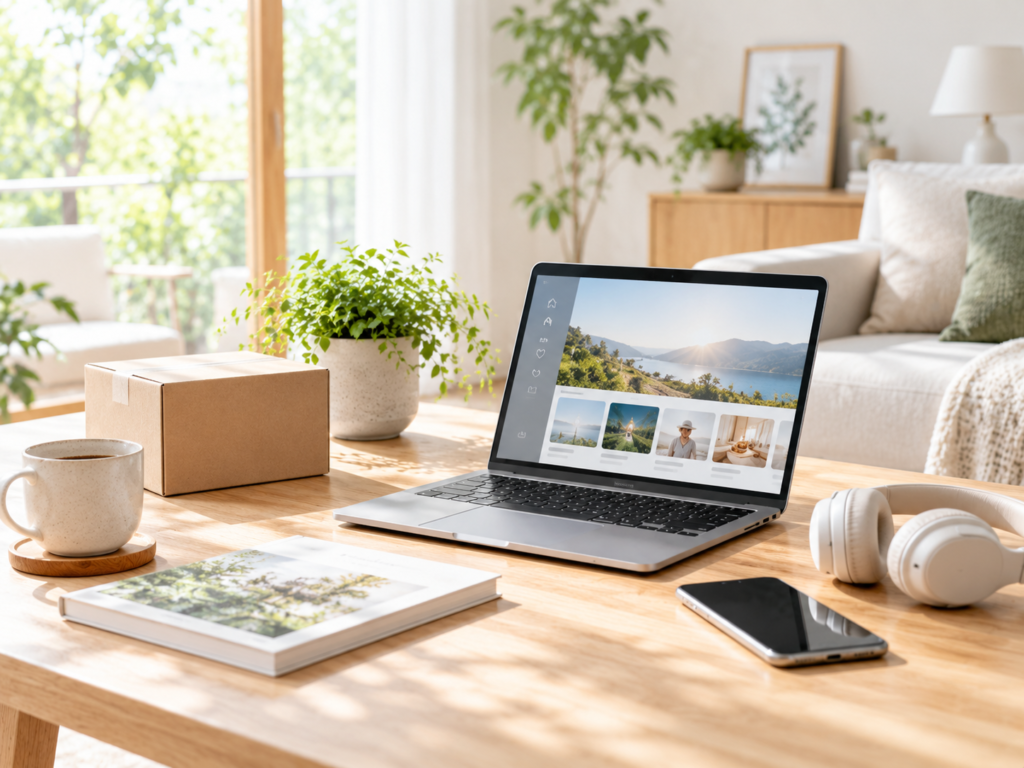 ノートPCやスマートフォン、ヘッドホンでオンラインサービスを利用するイメージ