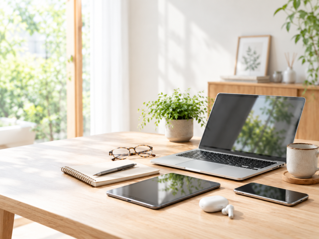 スマホやノートPC、タブレットなどのガジェットが並ぶデスク