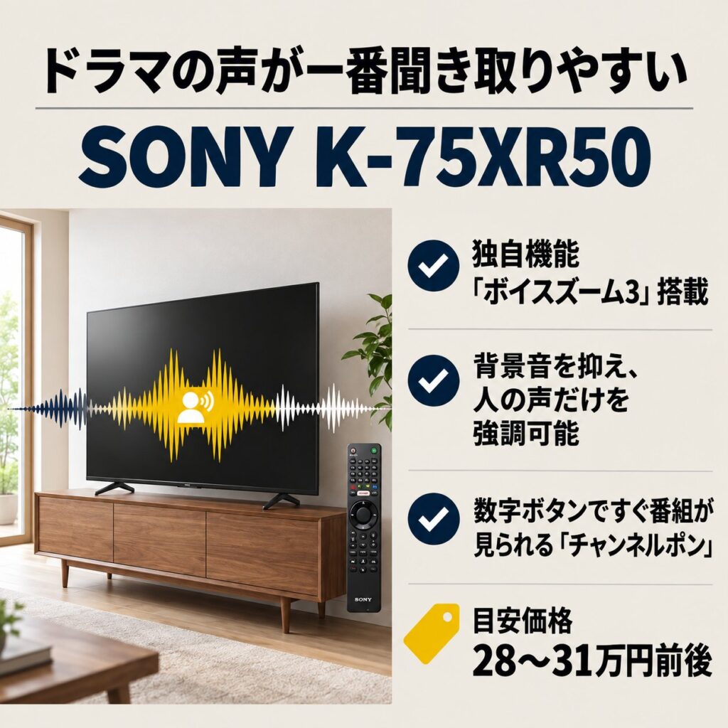 SONY K-75XR50のボイスズーム3、背景音を抑える機能、チャンネルポン、28〜31万円前後の価格目安を図解。