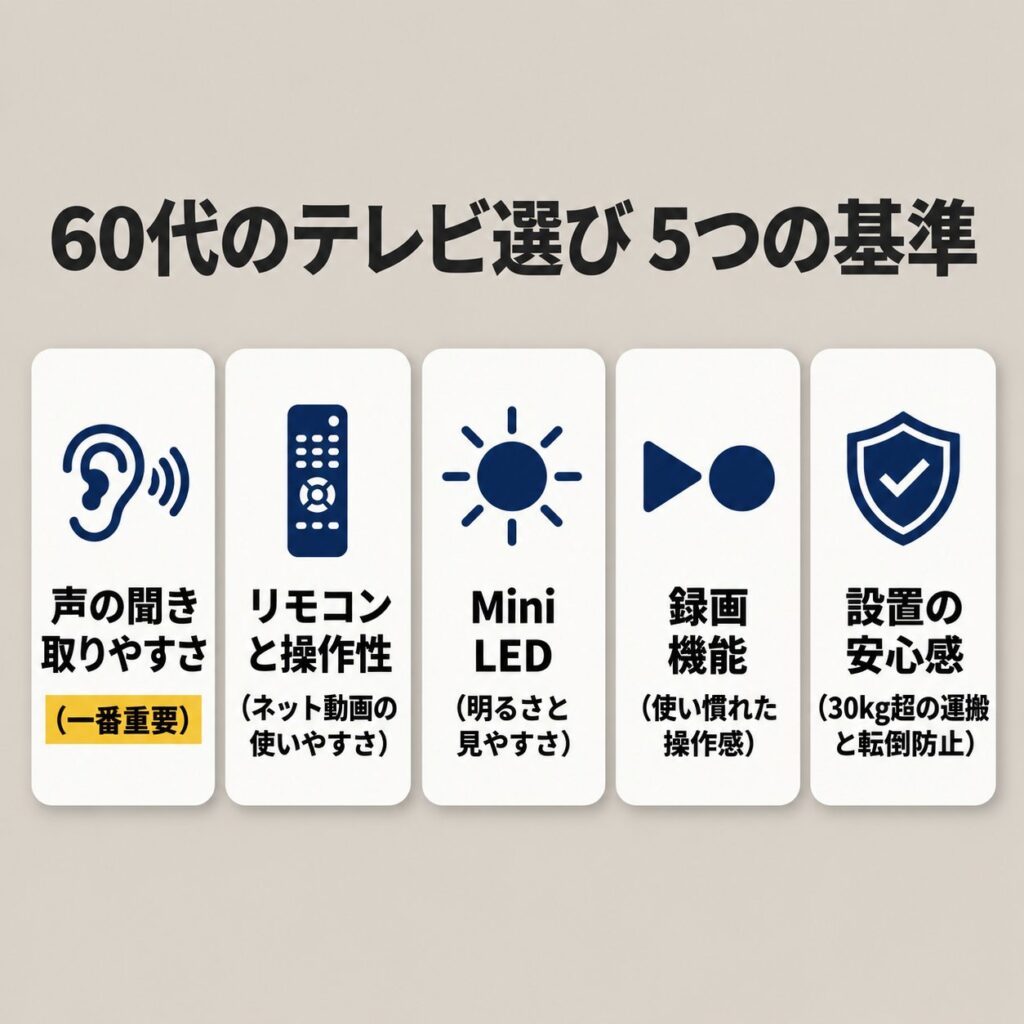 60代のテレビ選びで重視する、声の聞き取りやすさ、リモコン、Mini LED、録画、設置の安心感の5項目を図解。