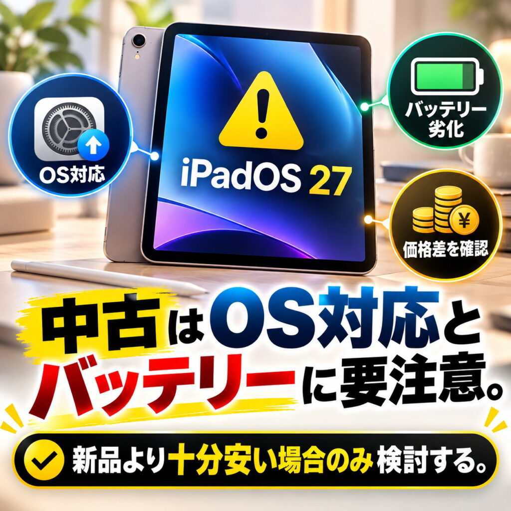 iPadOS対応、バッテリー劣化、価格差の3点をアイコンで示し、中古iPad購入時の確認ポイントをまとめた正方形画像。