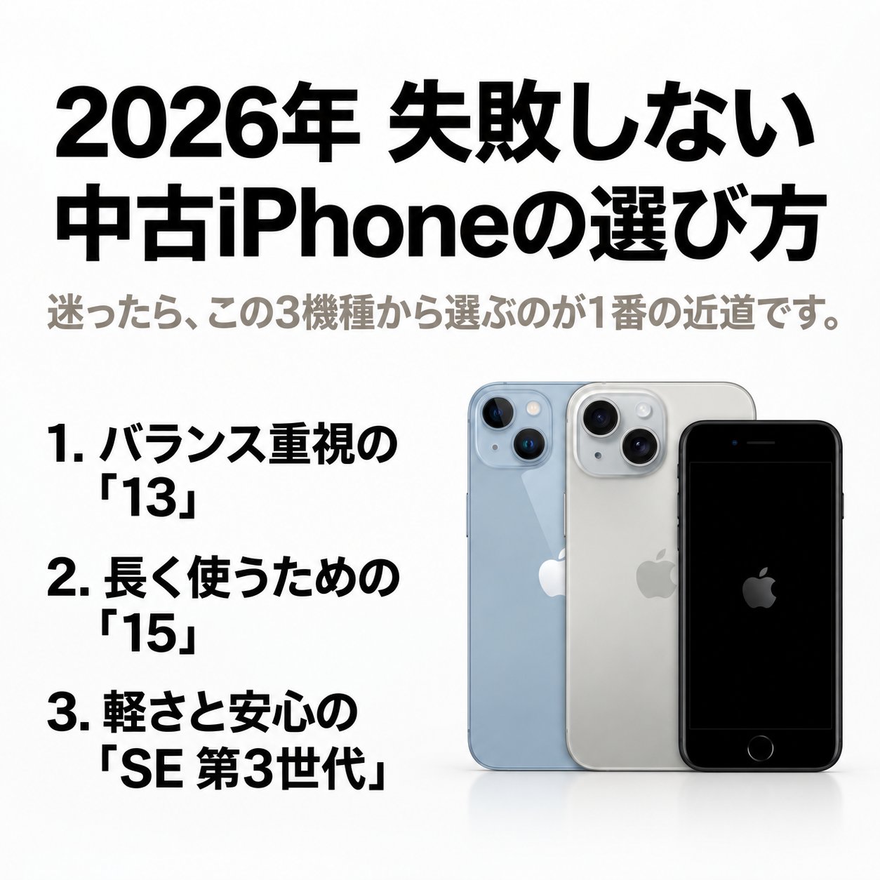 2026年の中古iPhone選びで、iPhone 13・15・SE第3世代を用途別の基準として並べた比較ガイド画像。