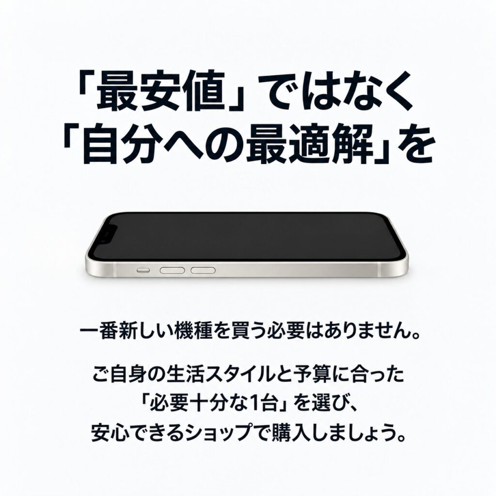 中古iPhoneは最安値ではなく、生活スタイルと予算に合う必要十分な1台を選ぶという記事の結論を示す画像。
