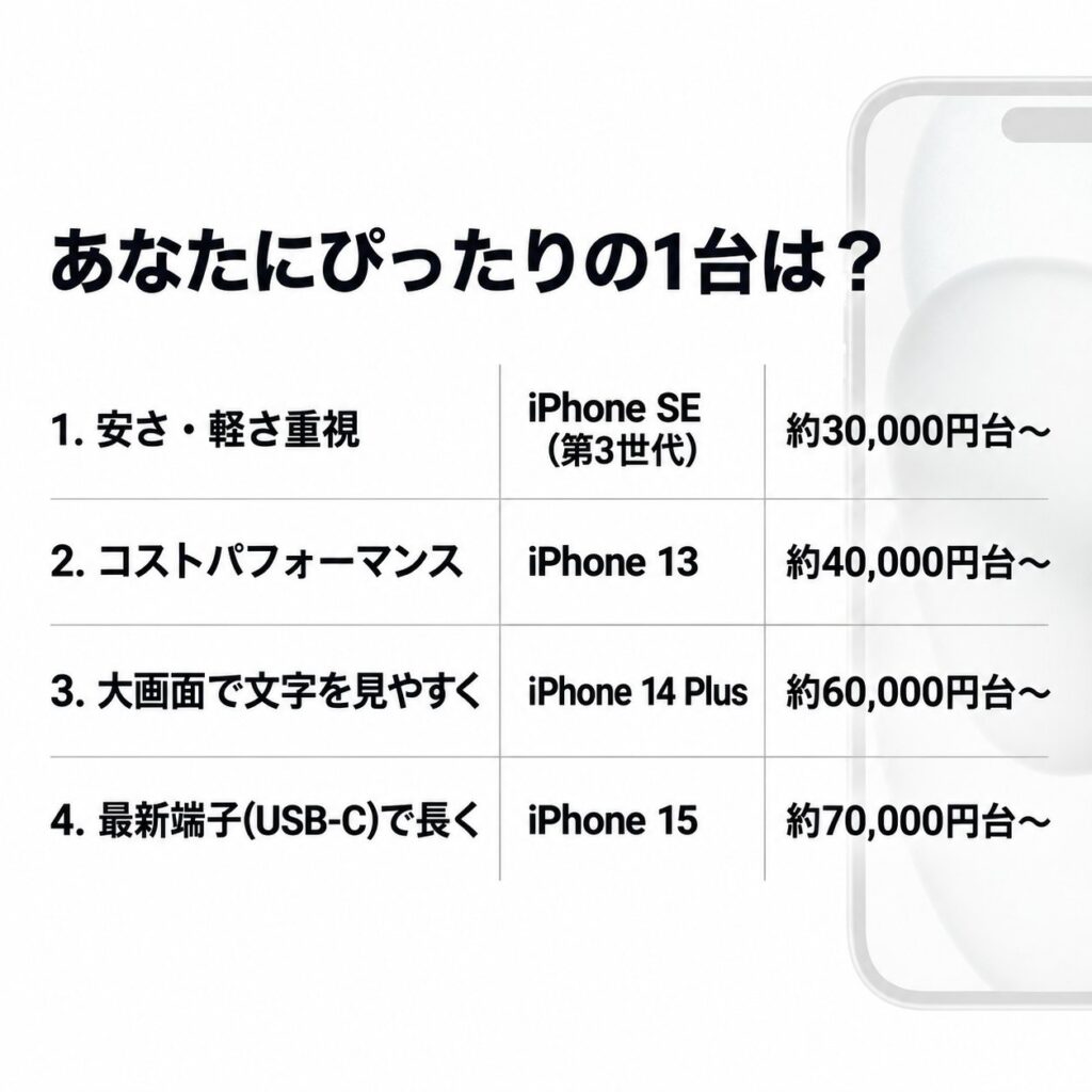 安さ、コストパフォーマンス、大画面、USB-Cという用途別に、中古iPhone SE3・13・14 Plus・15を比較した表。