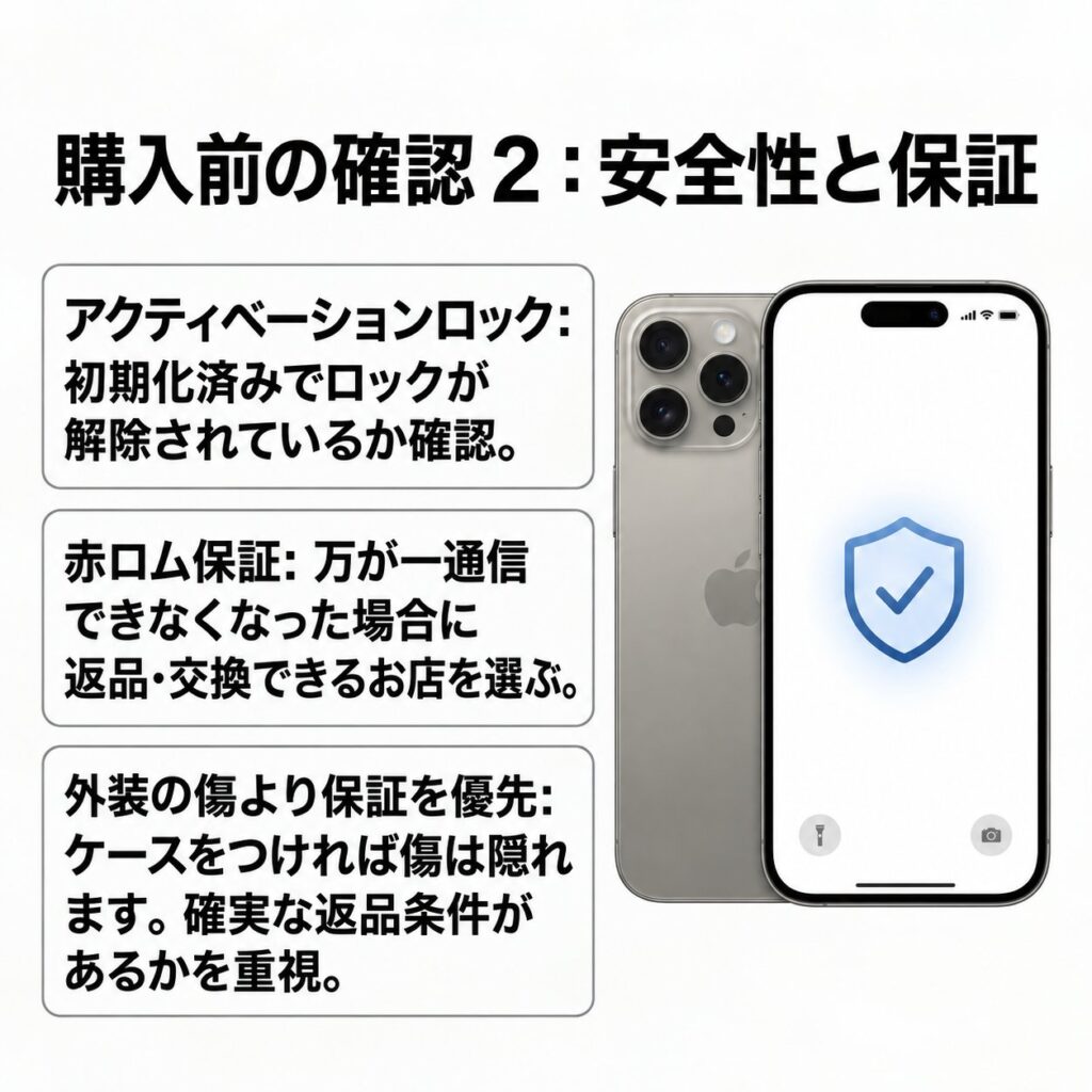 中古iPhone購入前の安全確認として、アクティベーションロック、赤ロム保証、返品条件を3項目で示した画像。