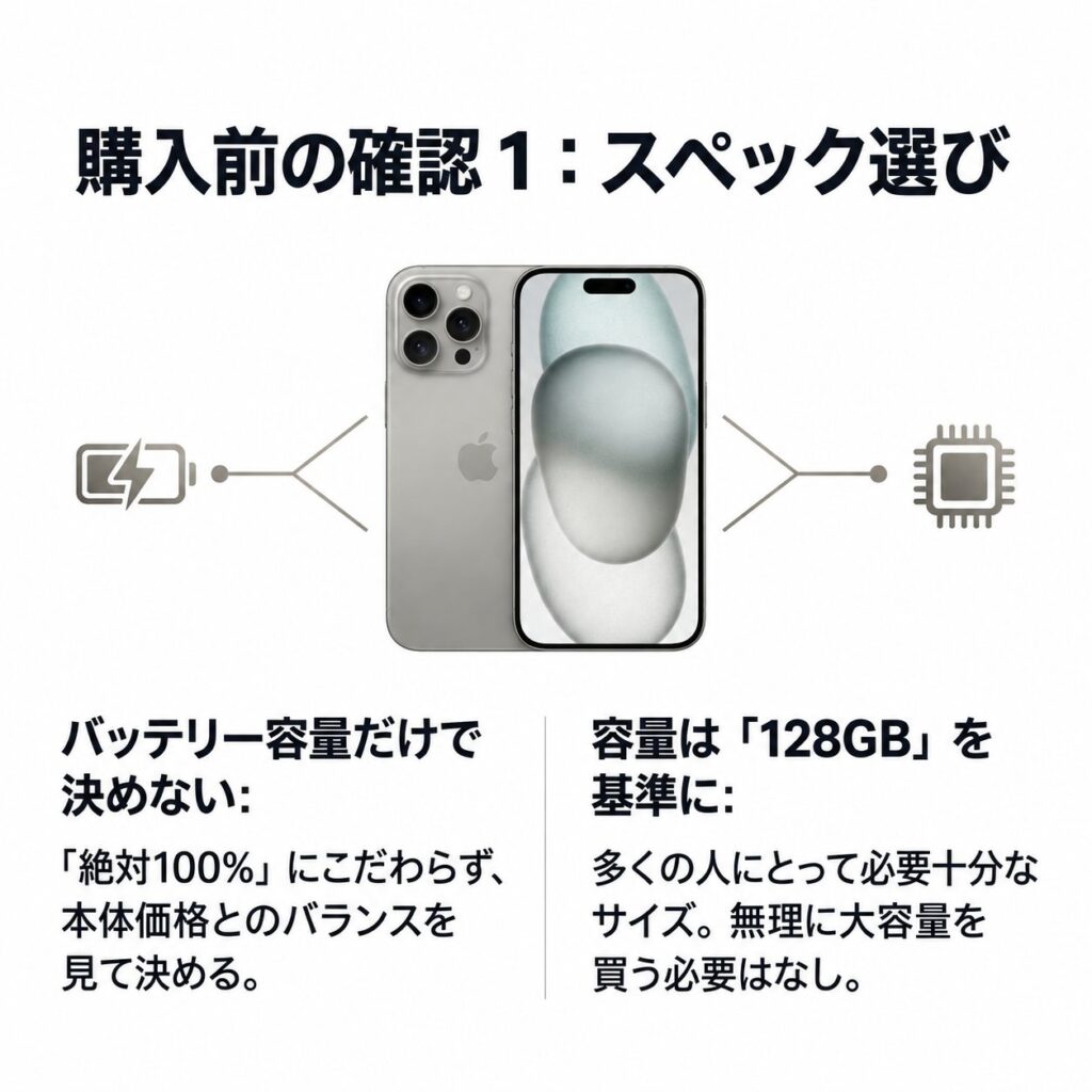 中古iPhone購入前の確認事項として、バッテリー状態と128GBを基準にしたストレージ容量の考え方を示す画像。