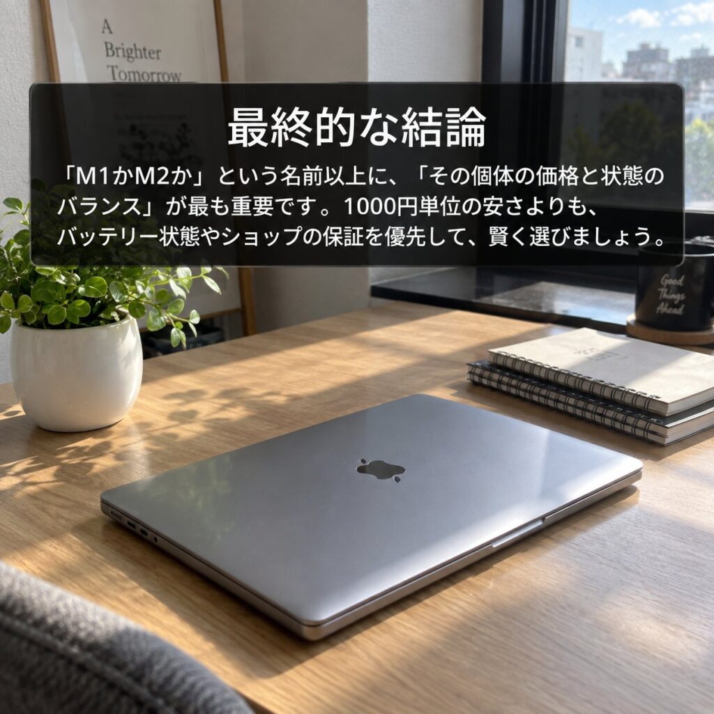 木製デスク上のMacBookと、M1かM2かより個体価格と状態のバランス、バッテリーや保証を重視する結論を示した画像