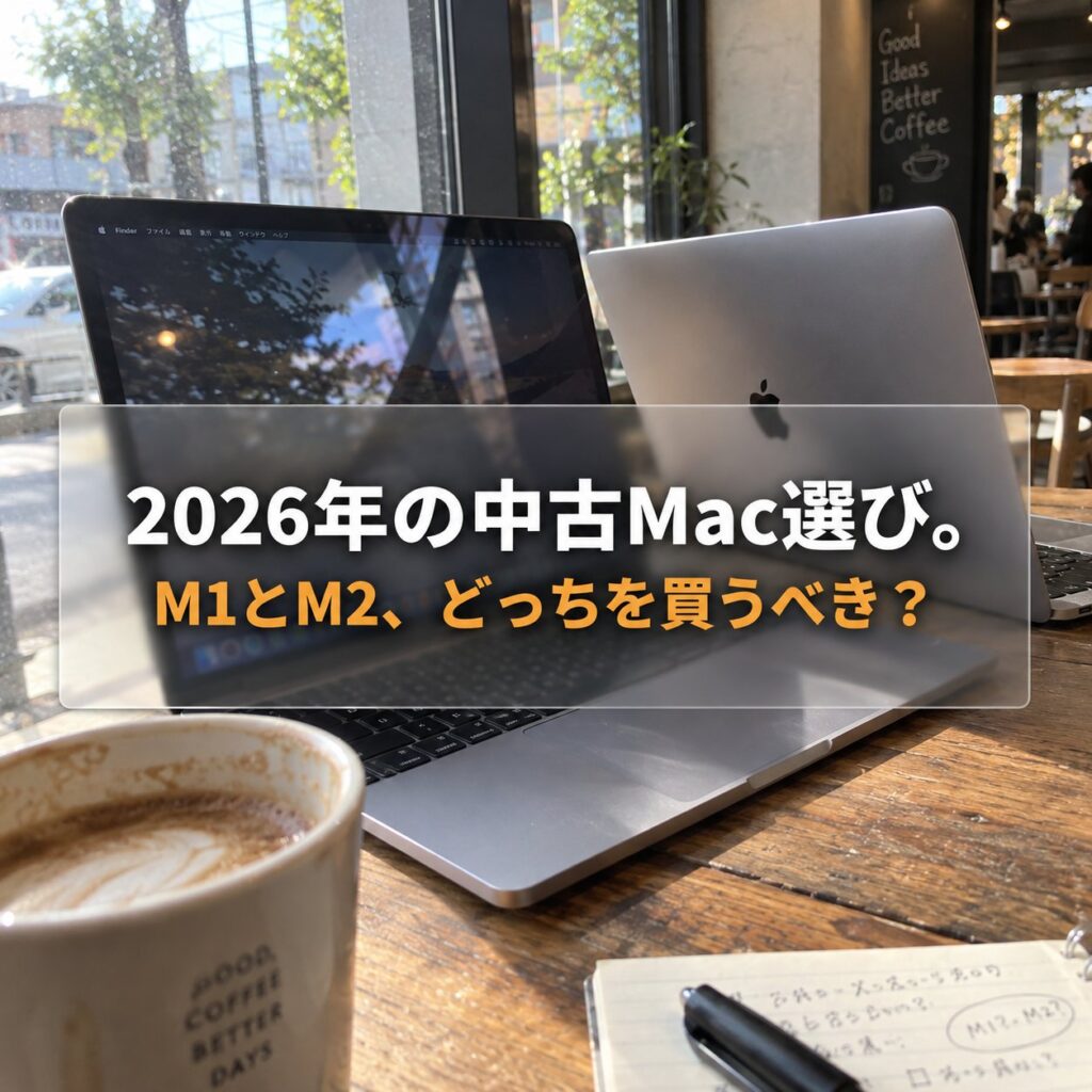 カフェの木製テーブルに2台のMacBookを並べ、「2026年の中古Mac選び。M1とM2、どっちを買うべき？」と表示した画像