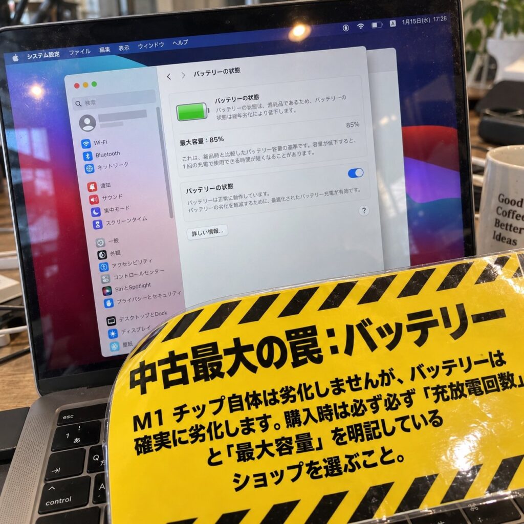MacBookのバッテリー状態画面と黄色の注意表示で、中古購入時に最大容量と充放電回数を確認する重要性を示した画像