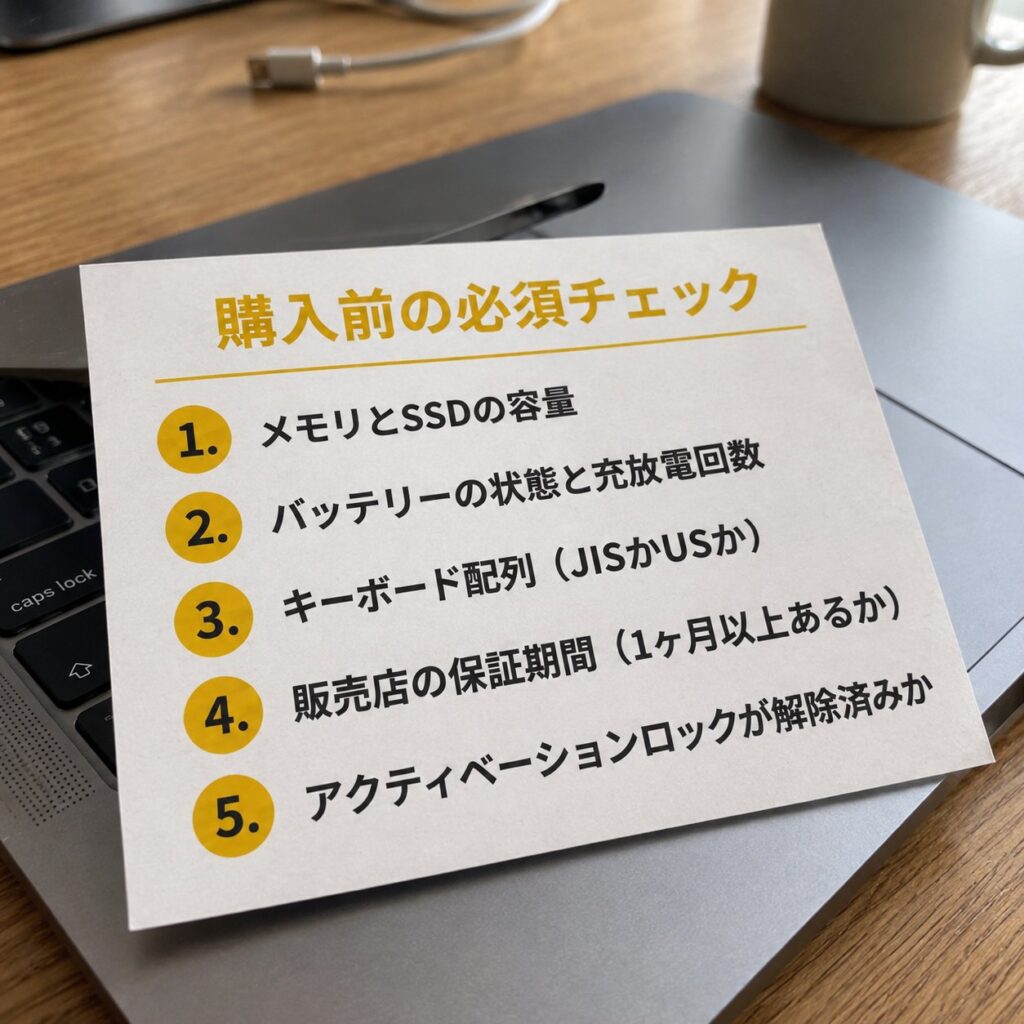 MacBookの上に、メモリとSSD、バッテリー、キーボード配列、保証期間、アクティベーションロックを並べた購入前チェック表