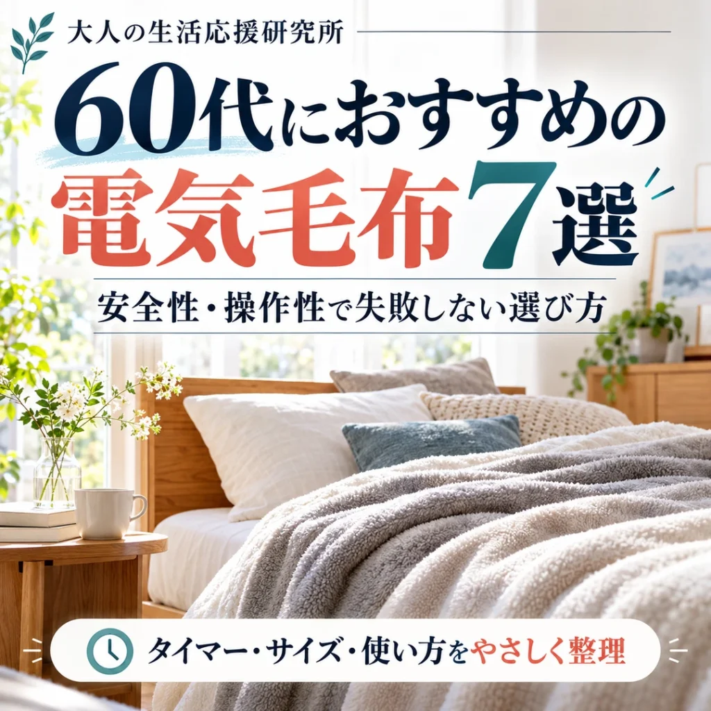 柔らかな毛布を敷いた明るい寝室の写真風イメージに、60代向け電気毛布7選と安全性・操作性の文字を重ねた表紙画像
