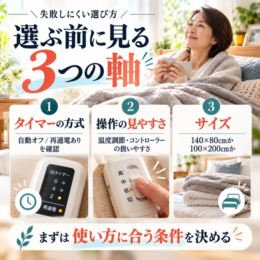 電気毛布選びの3つの軸として、タイマー方式、操作の見やすさ、サイズを説明する日本語の図解