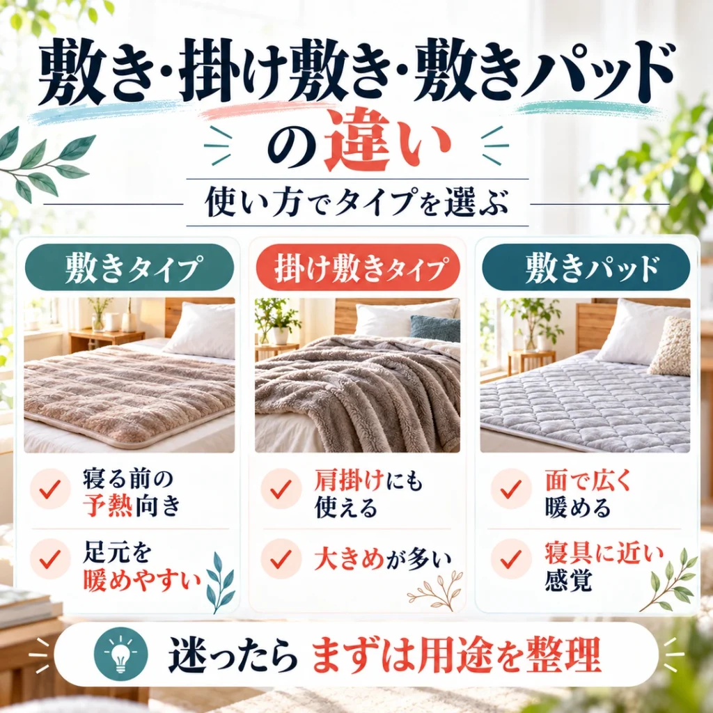 電気毛布の敷きタイプ、掛け敷き兼用、敷きパッドをそれぞれ寝具の写真風イメージで比較する図解