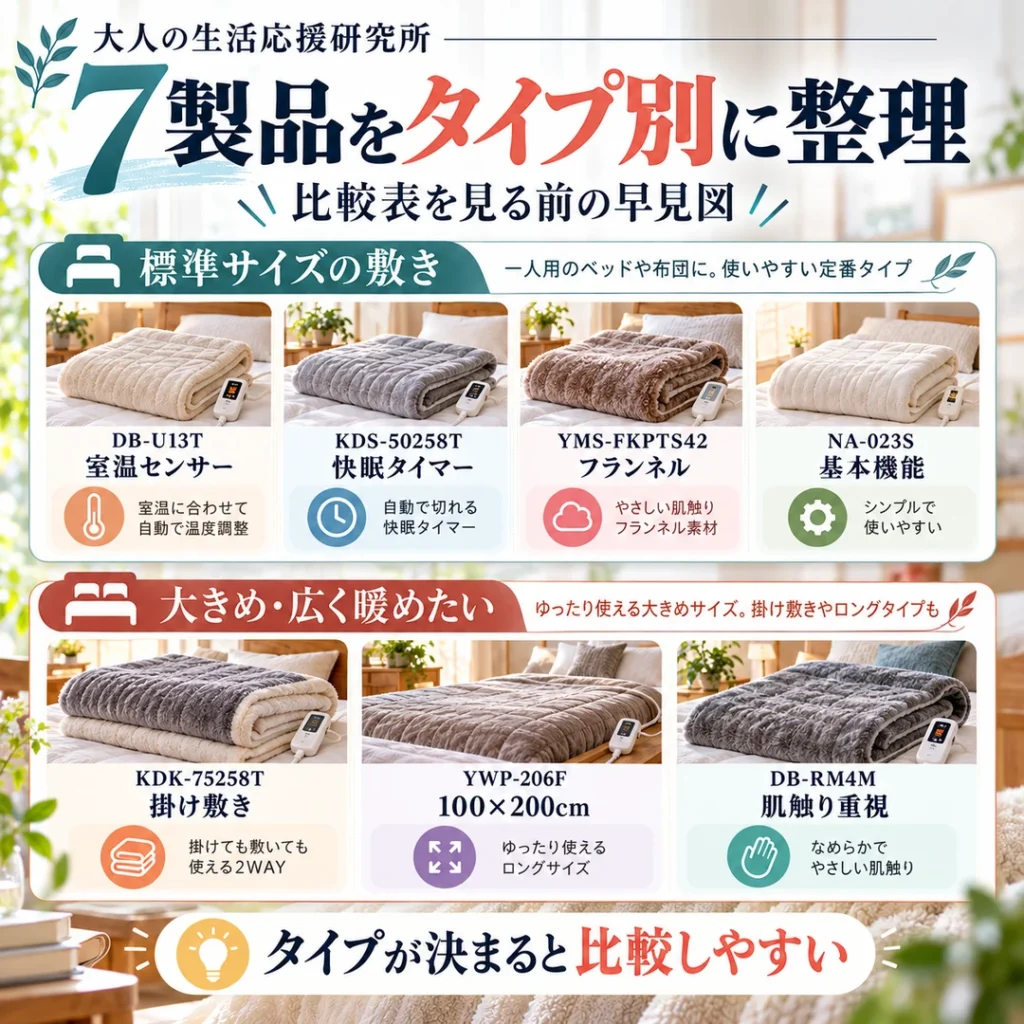 パナソニック、コイズミ、山善、椙山紡織の電気毛布7型番を標準サイズの敷きと大判タイプに分けた早見図