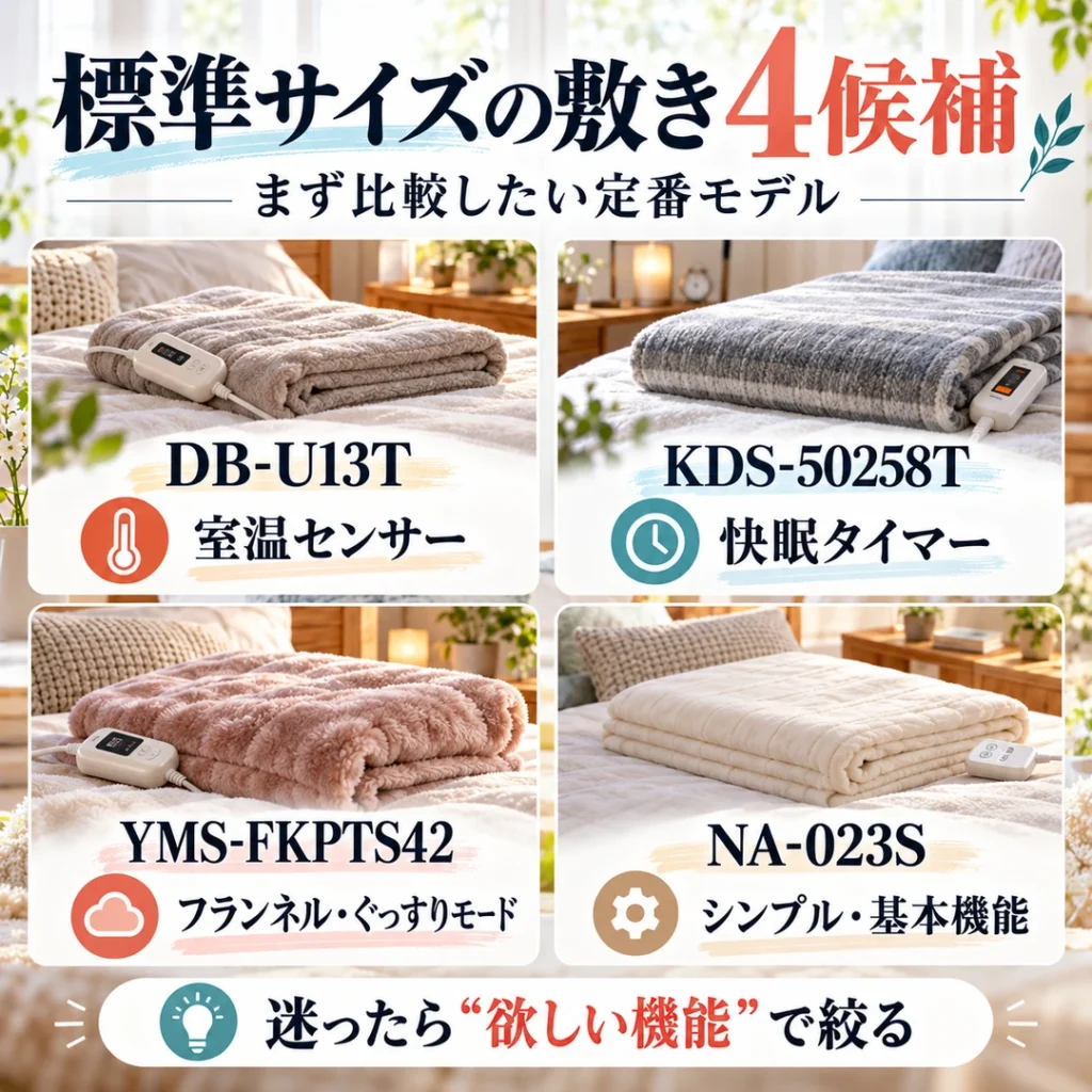標準サイズの電気敷き毛布4候補、DB-U13T、KDS-50258T、YMS-FKPTS42、NA-023Sの主要な特徴を示す図解