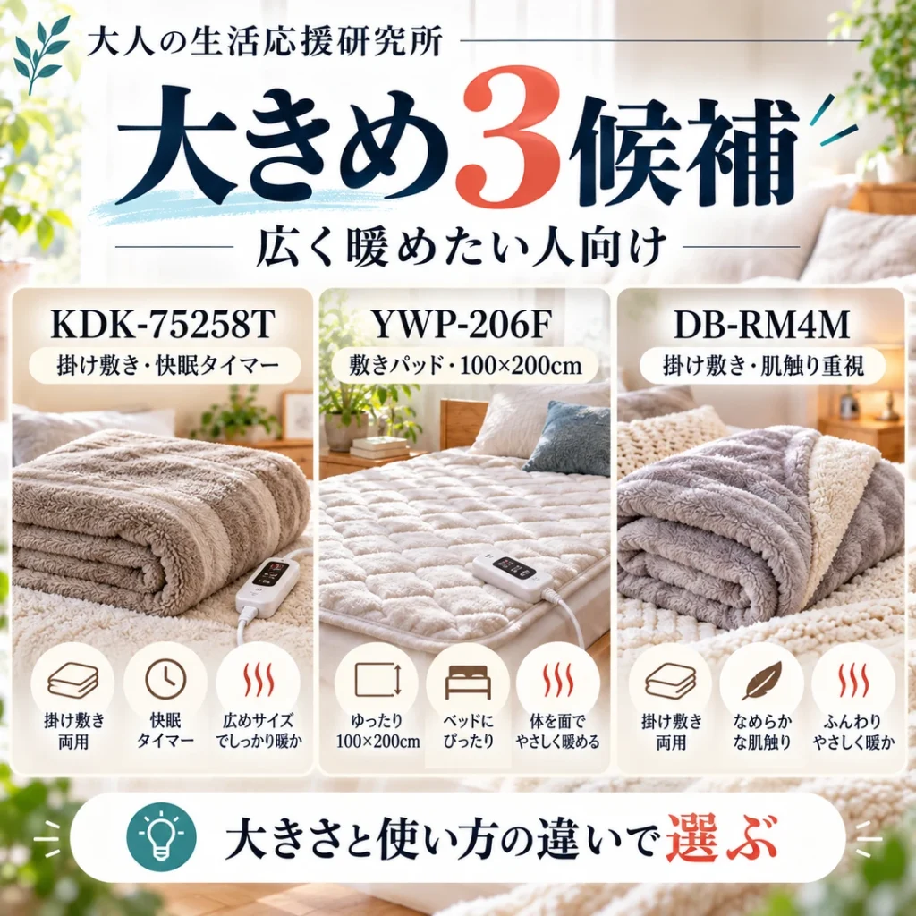 大きめの電気毛布3製品、コイズミKDK-75258T、山善YWP-206F、パナソニックDB-RM4Mの特徴を並べた図解