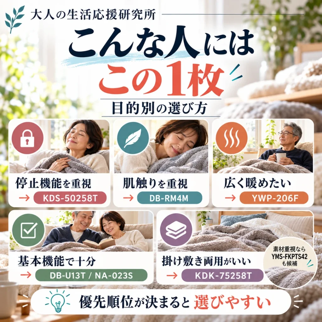 停止機能、肌触り、広い敷き面、基本機能、掛け敷き両用の5条件に沿って電気毛布の型番を示す図解