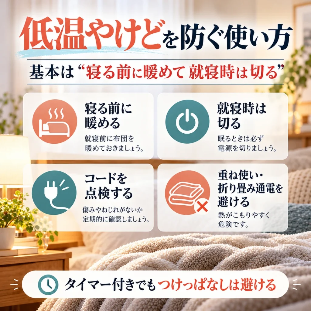 電気毛布を寝る前に暖め就寝時に切る、コードを点検する、折り畳み通電を避けることを説明する安全対策図解