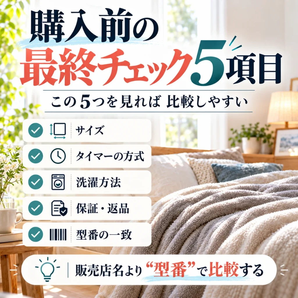 サイズ、タイマーの方式、洗濯方法、保証・返品、型番の一致を並べた電気毛布購入前チェックリスト