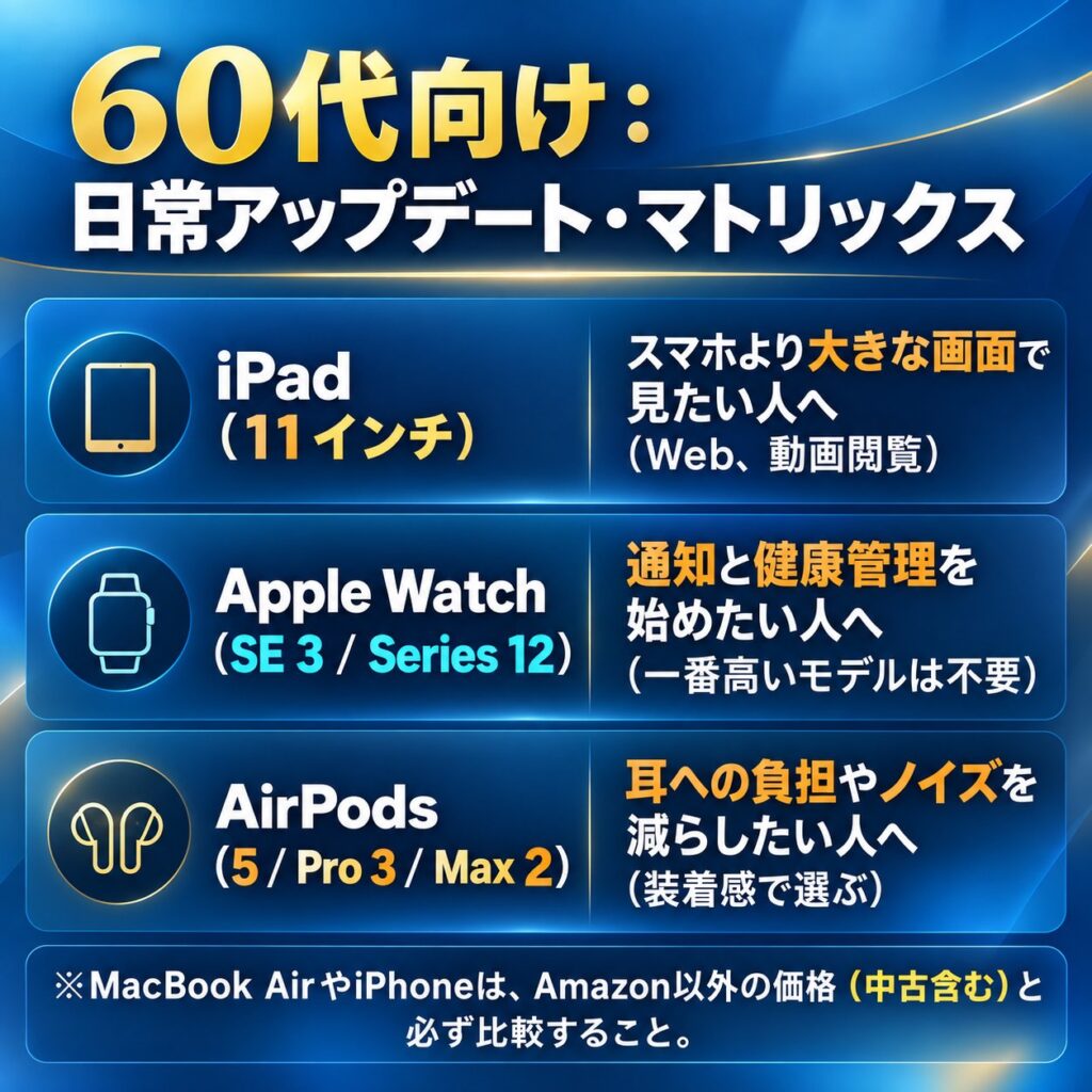 60代向けにiPad、Apple Watch、AirPodsの用途を大画面、通知・健康管理、装着感の観点で整理した選び方マトリックス