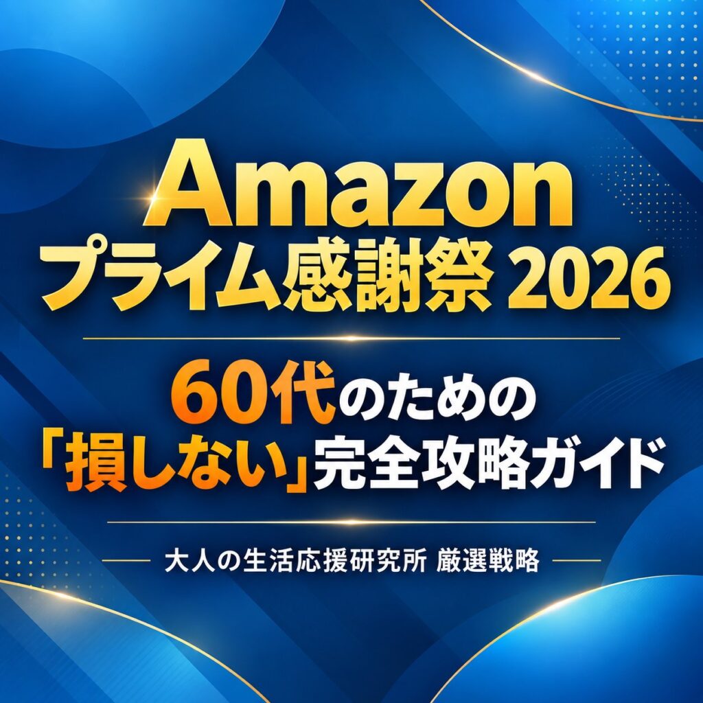 Amazonプライム感謝祭2026を60代向けの「損しない」完全攻略ガイドとして紹介する、青を基調とした記事アイキャッチ